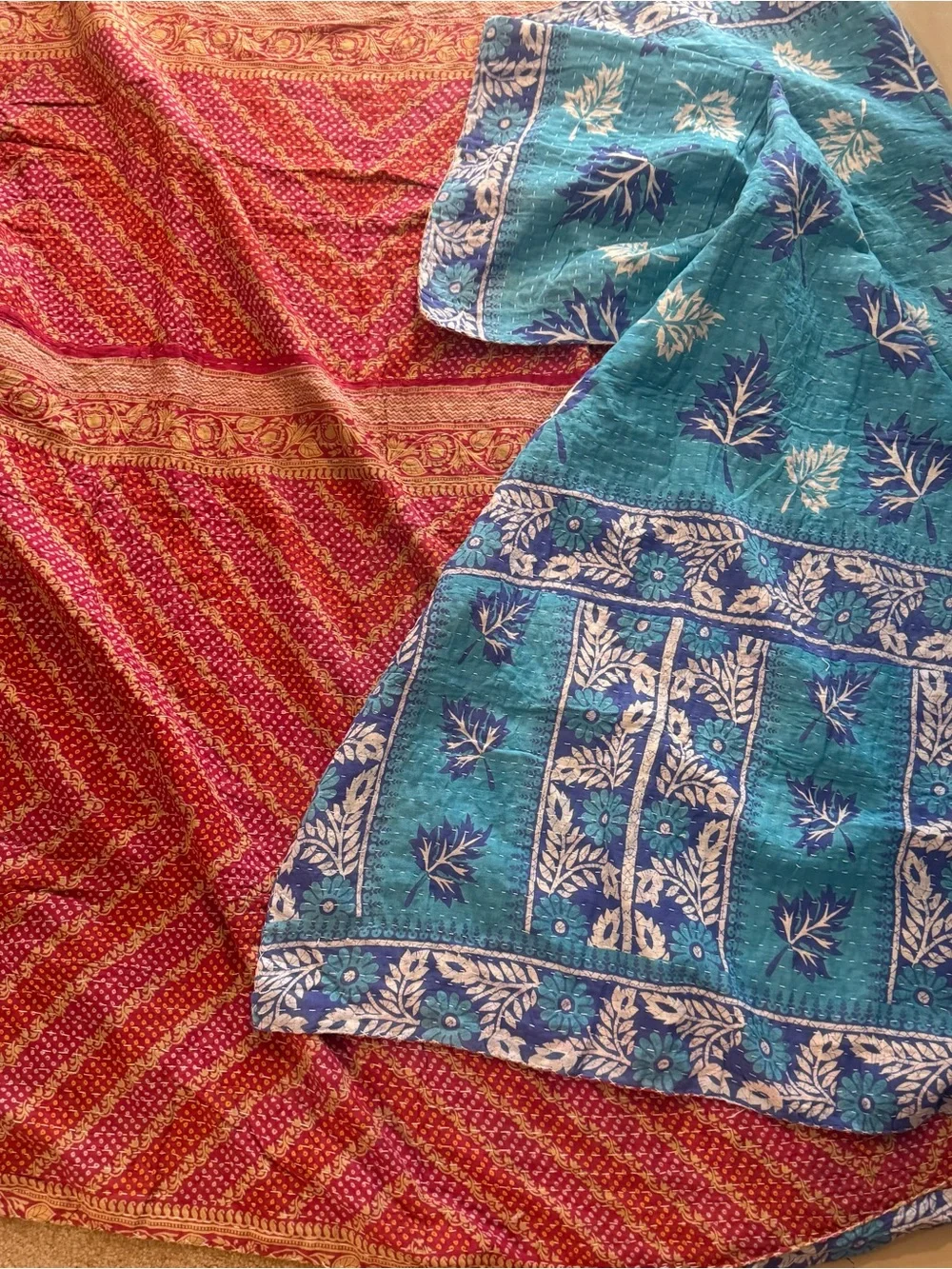 KAnTHA Handcrafted Blue and Red /Teal and royal Reversible Throw-Blanket-Vintage
